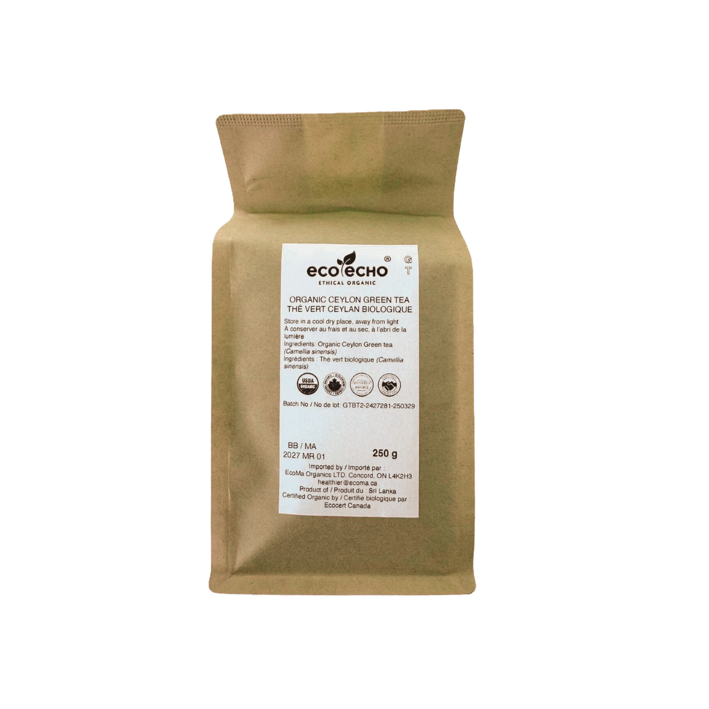 EcoEcho Organic Ceylon Green Tea - Loose Tea - 250g